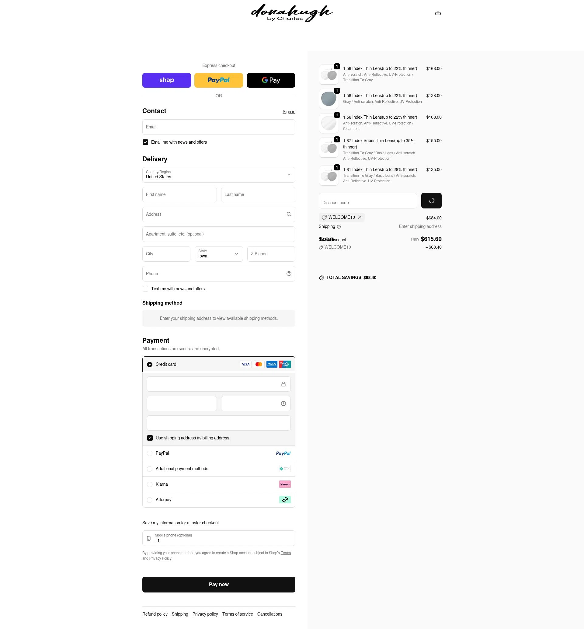 Donahugh Eyewear checkout page showing Donahugh Eyewear promo code box | Screenshot taken by SimplyCodes community member on Feb 7, 2026