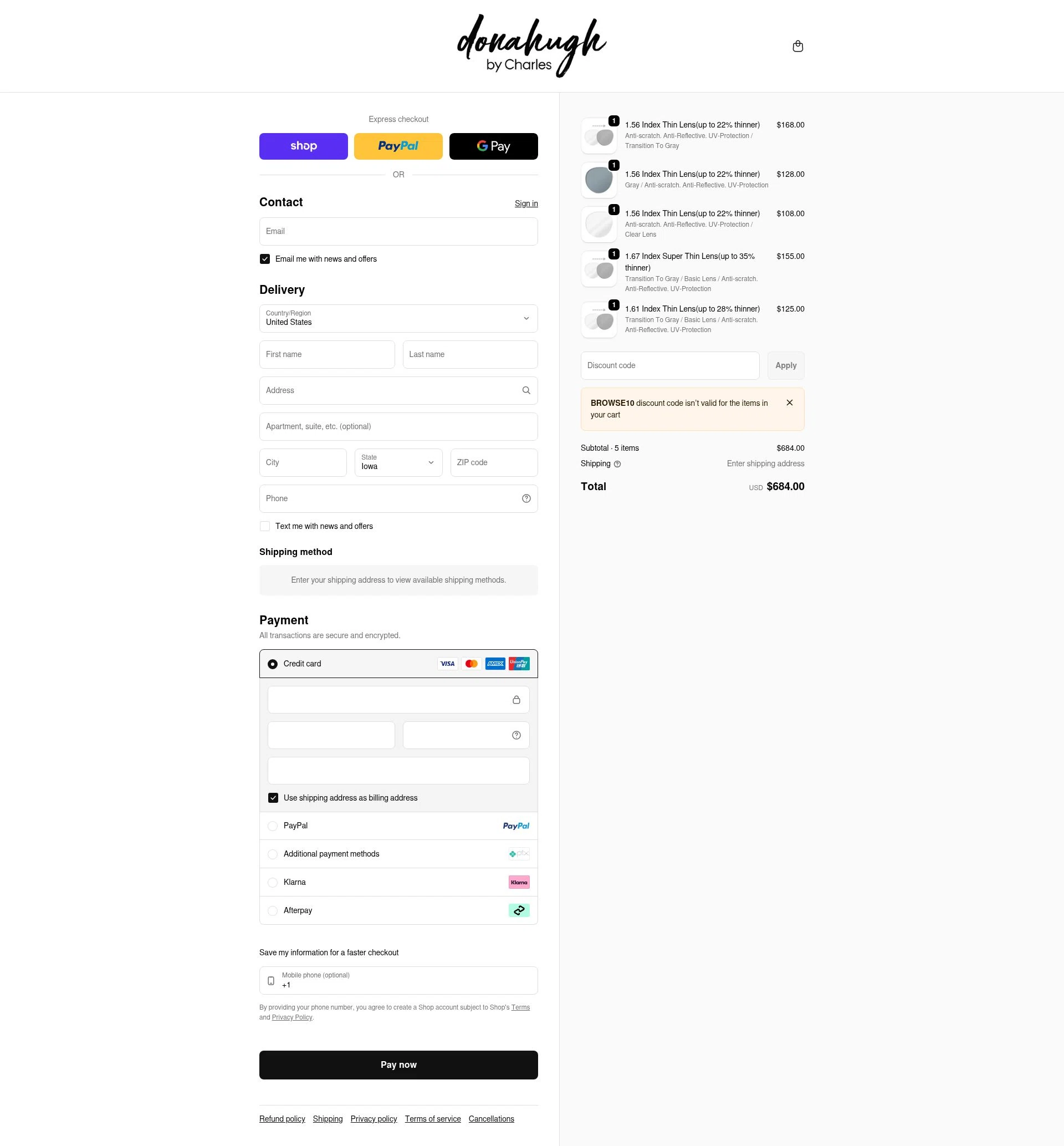 Donahugh Eyewear checkout page showing Donahugh Eyewear promo code box | Screenshot taken by SimplyCodes community member on Feb 7, 2026