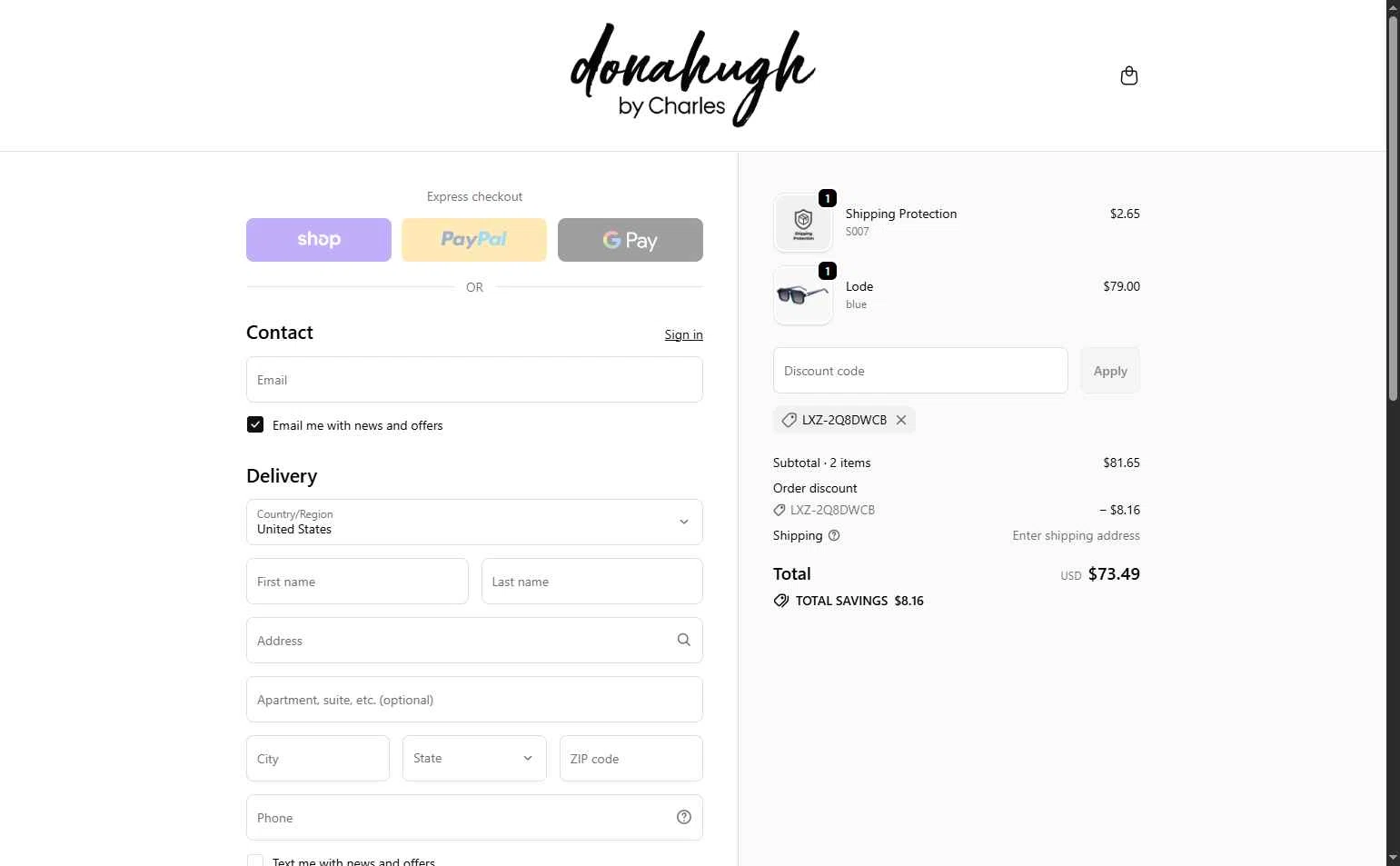 Donahugh Eyewear checkout page showing Donahugh Eyewear promo code box | Screenshot taken by SimplyCodes community member on Feb 7, 2026