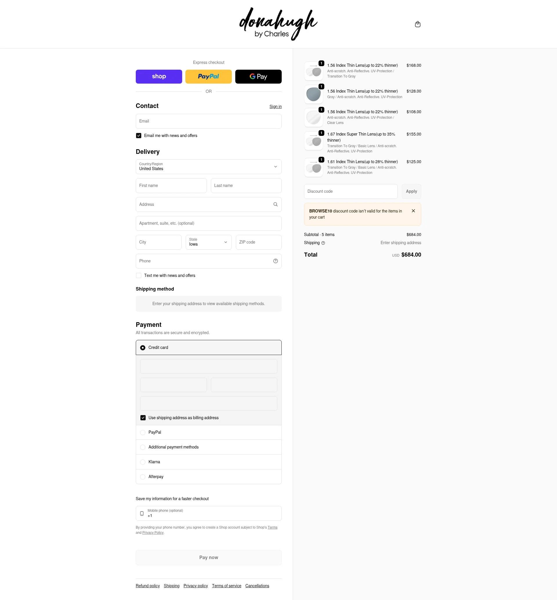 Donahugh Eyewear checkout page showing Donahugh Eyewear promo code box | Screenshot taken by SimplyCodes community member on Feb 2, 2026