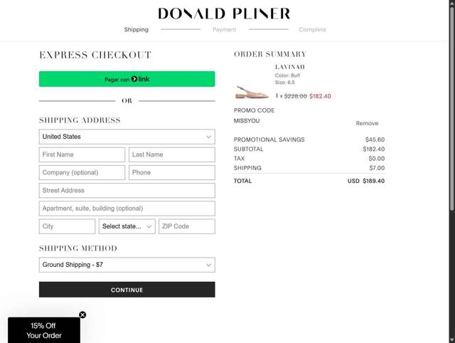 Donald Pliner checkout page showing Donald Pliner coupon code box | Screenshot taken by SimplyCodes community member on Sep 5, 2025