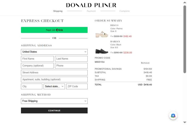 Donald Pliner checkout page showing Donald Pliner coupon code box | Screenshot taken by SimplyCodes community member on Aug 22, 2025