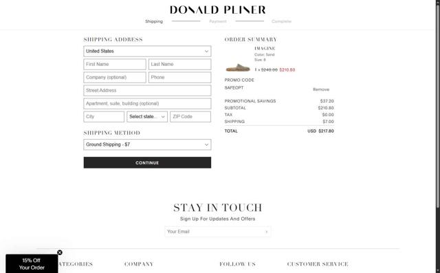 Donald Pliner checkout page showing Donald Pliner coupon code box | Screenshot taken by SimplyCodes community member on Aug 13, 2025