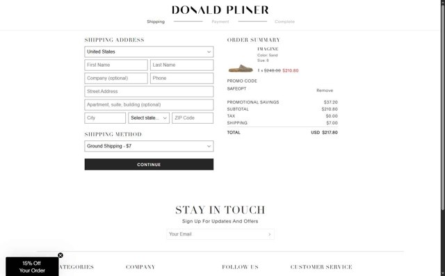 Donald Pliner checkout page showing Donald Pliner coupon code box | Screenshot taken by SimplyCodes community member on Aug 13, 2025
