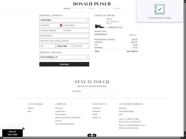 Donald Pliner checkout page showing Donald Pliner coupon code box | Screenshot taken by SimplyCodes community member on Aug 12, 2025