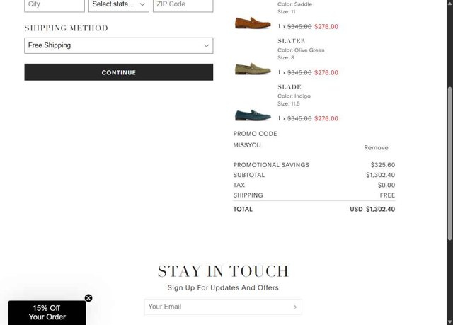 Donald Pliner checkout page showing Donald Pliner coupon code box | Screenshot taken by SimplyCodes community member on Aug 12, 2025