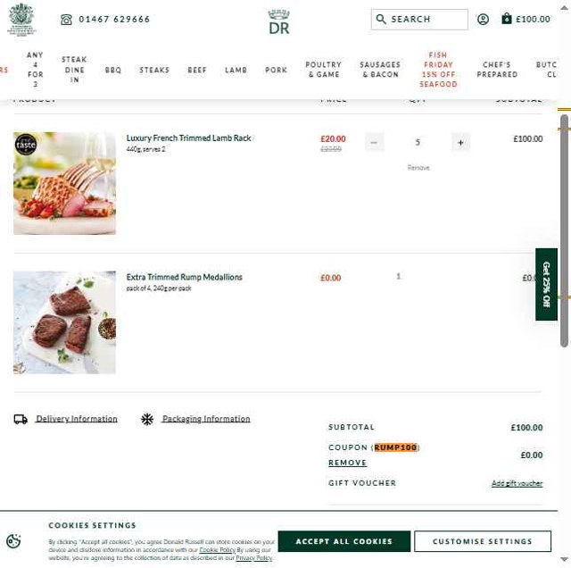 Donald Russell checkout page showing Donald Russell discount code box | Screenshot taken by SimplyCodes community member on Sep 5, 2025