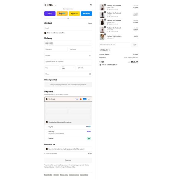 Donni. checkout page showing Donni. promo code box | Screenshot taken by SimplyCodes community member on Sep 12, 2025