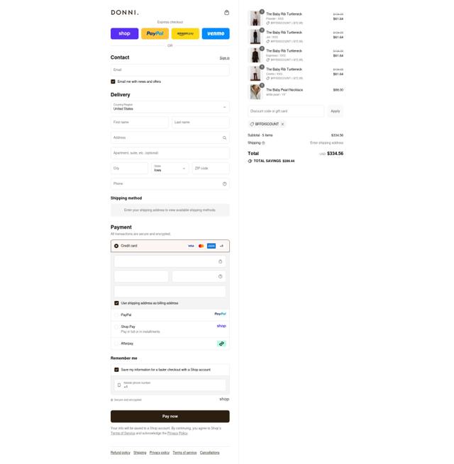 Donni. checkout page showing Donni. promo code box | Screenshot taken by SimplyCodes community member on Sep 12, 2025