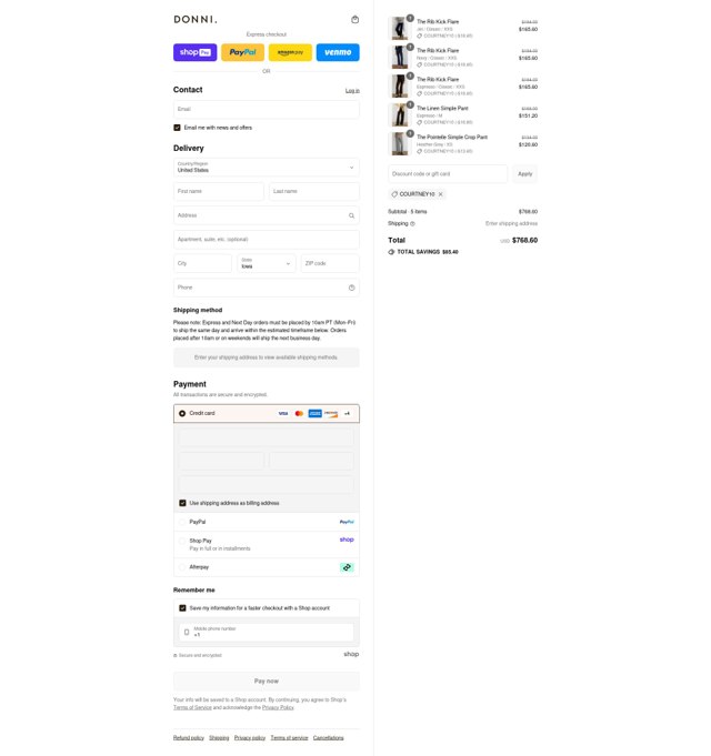 Donni. checkout page showing Donni. promo code box | Screenshot taken by SimplyCodes community member on Aug 26, 2025
