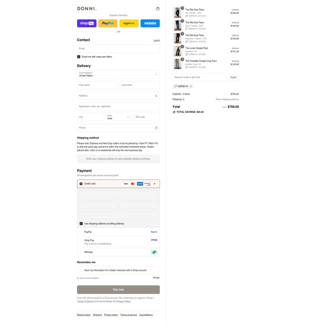 Donni. checkout page showing Donni. promo code box | Screenshot taken by SimplyCodes community member on Aug 26, 2025