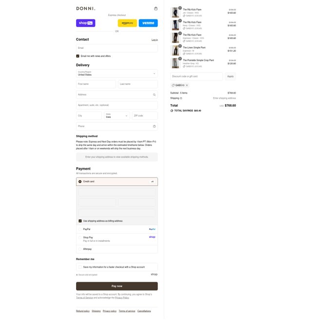 Donni. checkout page showing Donni. promo code box | Screenshot taken by SimplyCodes community member on Aug 26, 2025