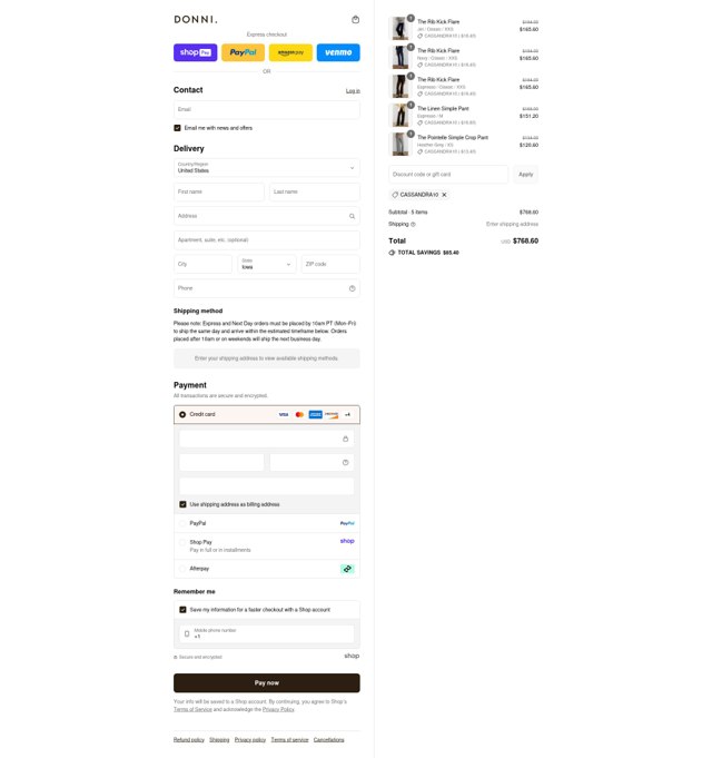 Donni. checkout page showing Donni. promo code box | Screenshot taken by SimplyCodes community member on Aug 26, 2025