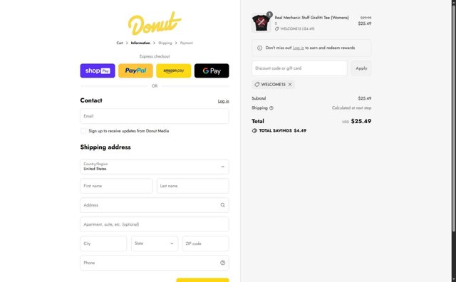 Donut Media checkout page showing Donut Media discount code box | Screenshot taken by SimplyCodes community member on Aug 24, 2025