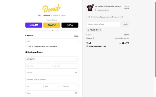 Donut Media checkout page showing Donut Media discount code box | Screenshot taken by SimplyCodes community member on Aug 24, 2025