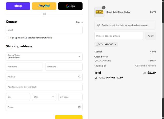 Donut Media checkout page showing Donut Media discount code box | Screenshot taken by SimplyCodes community member on Sep 12, 2025
