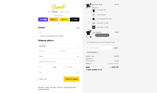 Donut Media checkout page showing Donut Media discount code box | Screenshot taken by SimplyCodes community member on Aug 11, 2025