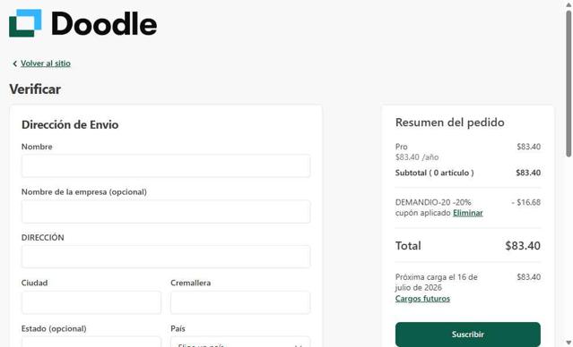 Doodle checkout page showing Doodle promo code box | Screenshot taken by SimplyCodes community member on Jul 16, 2025