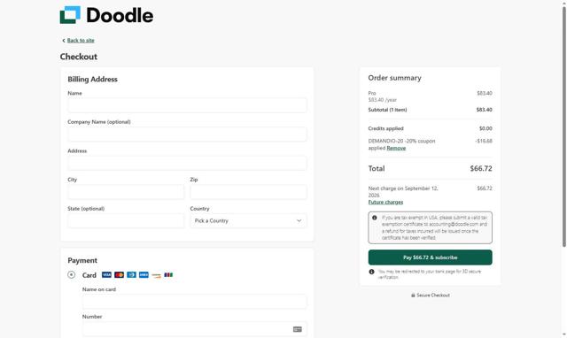 Doodle checkout page showing Doodle promo code box | Screenshot taken by SimplyCodes community member on Sep 12, 2025