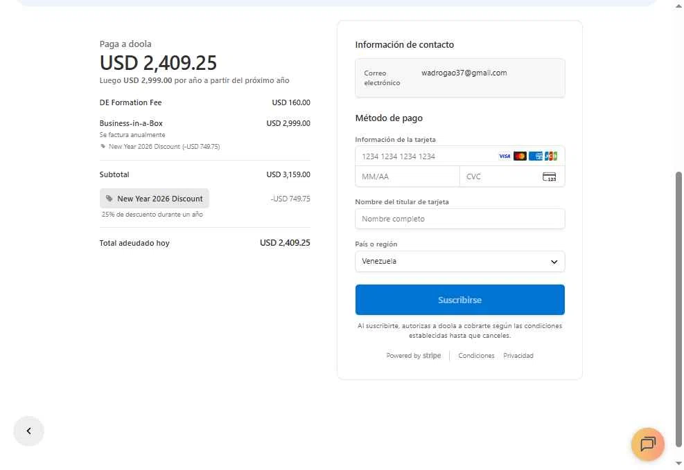 Doola checkout page showing Doola coupon code box | Screenshot taken by SimplyCodes community member on Jan 6, 2026