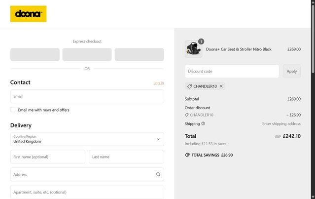 Doona Shop checkout page showing Doona Shop promo code box | Screenshot taken by SimplyCodes community member on Jun 13, 2025