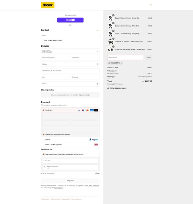 Doona Shop checkout page showing Doona Shop promo code box | Screenshot taken by SimplyCodes community member on Jun 6, 2025