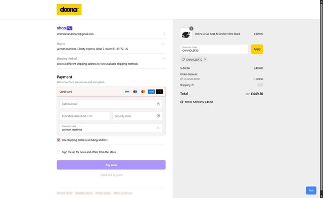 Doona Shop checkout page showing Doona Shop promo code box | Screenshot taken by SimplyCodes community member on Jun 2, 2025