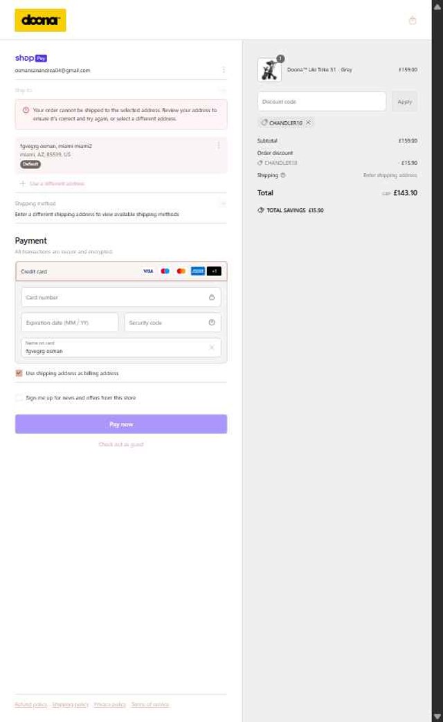 Doona Shop checkout page showing Doona Shop promo code box | Screenshot taken by SimplyCodes community member on May 29, 2025