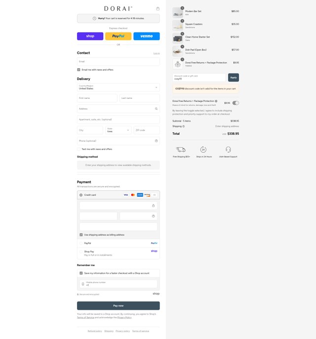 Dorai Home checkout page showing Dorai Home discount code box | Screenshot taken by SimplyCodes community member on Aug 29, 2025