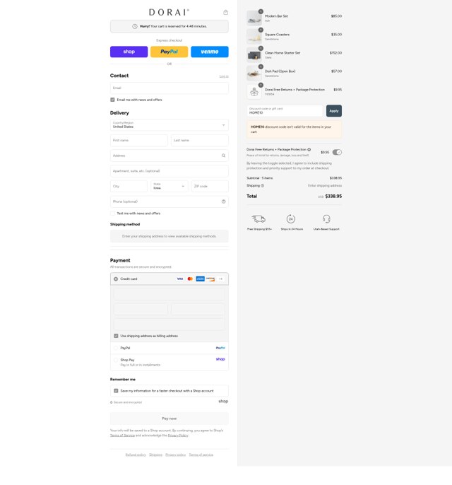 Dorai Home checkout page showing Dorai Home discount code box | Screenshot taken by SimplyCodes community member on Sep 2, 2025