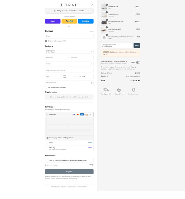 Dorai Home checkout page showing Dorai Home discount code box | Screenshot taken by SimplyCodes community member on Sep 2, 2025