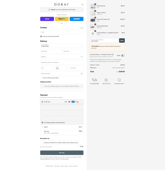 Dorai Home checkout page showing Dorai Home discount code box | Screenshot taken by SimplyCodes community member on Aug 29, 2025