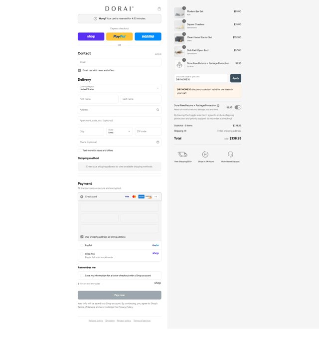 Dorai Home checkout page showing Dorai Home discount code box | Screenshot taken by SimplyCodes community member on Sep 2, 2025