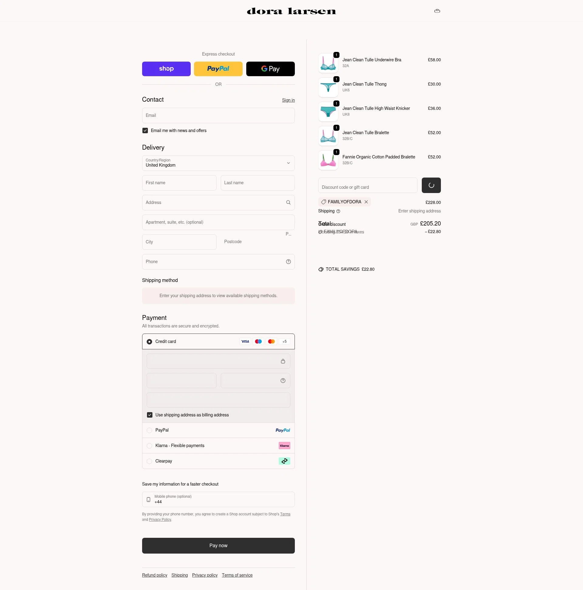 Dora Larsen checkout page showing Dora Larsen discount code box | Screenshot taken by SimplyCodes community member on Feb 13, 2026