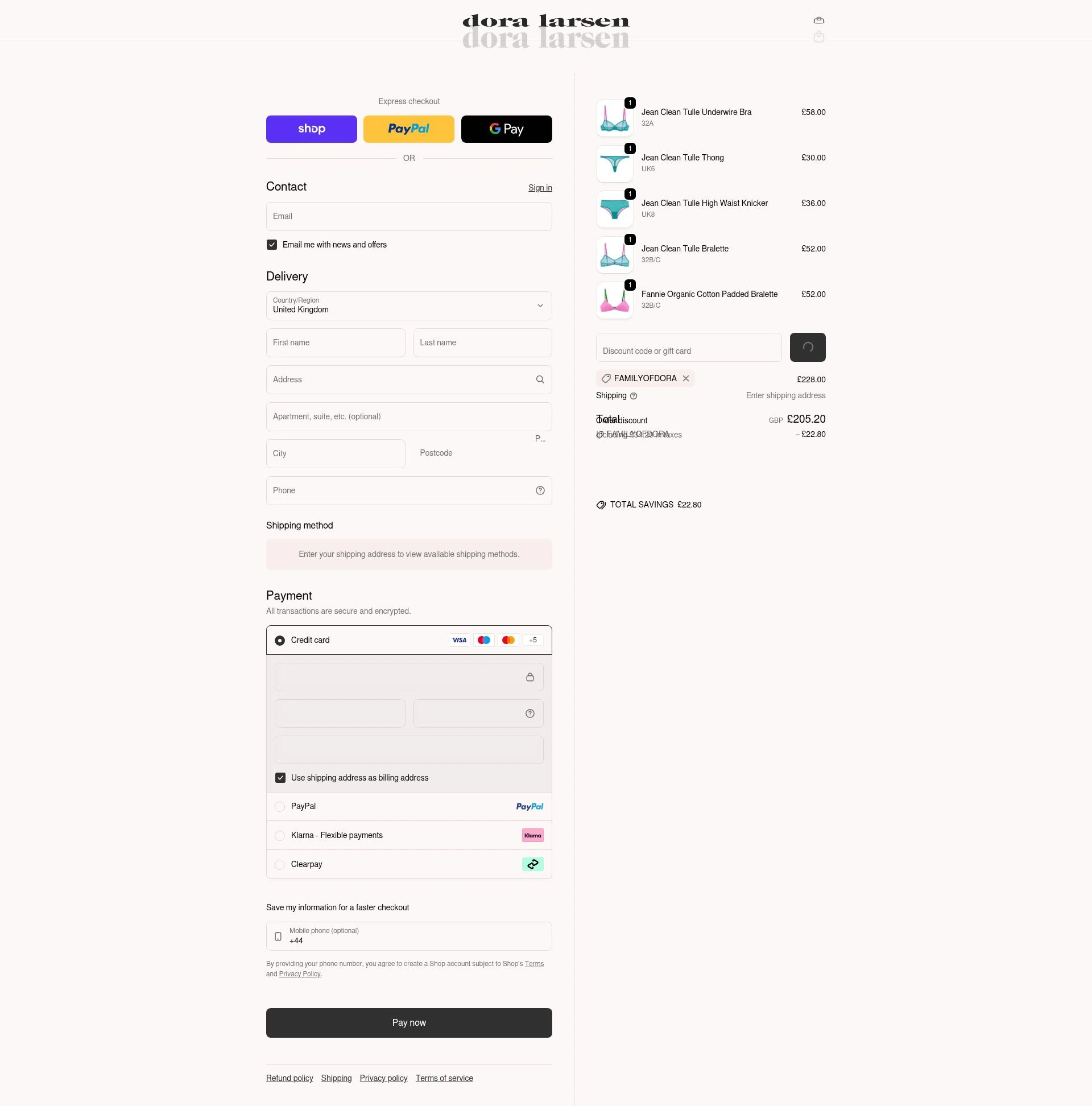 Dora Larsen checkout page showing Dora Larsen discount code box | Screenshot taken by SimplyCodes community member on Feb 18, 2026