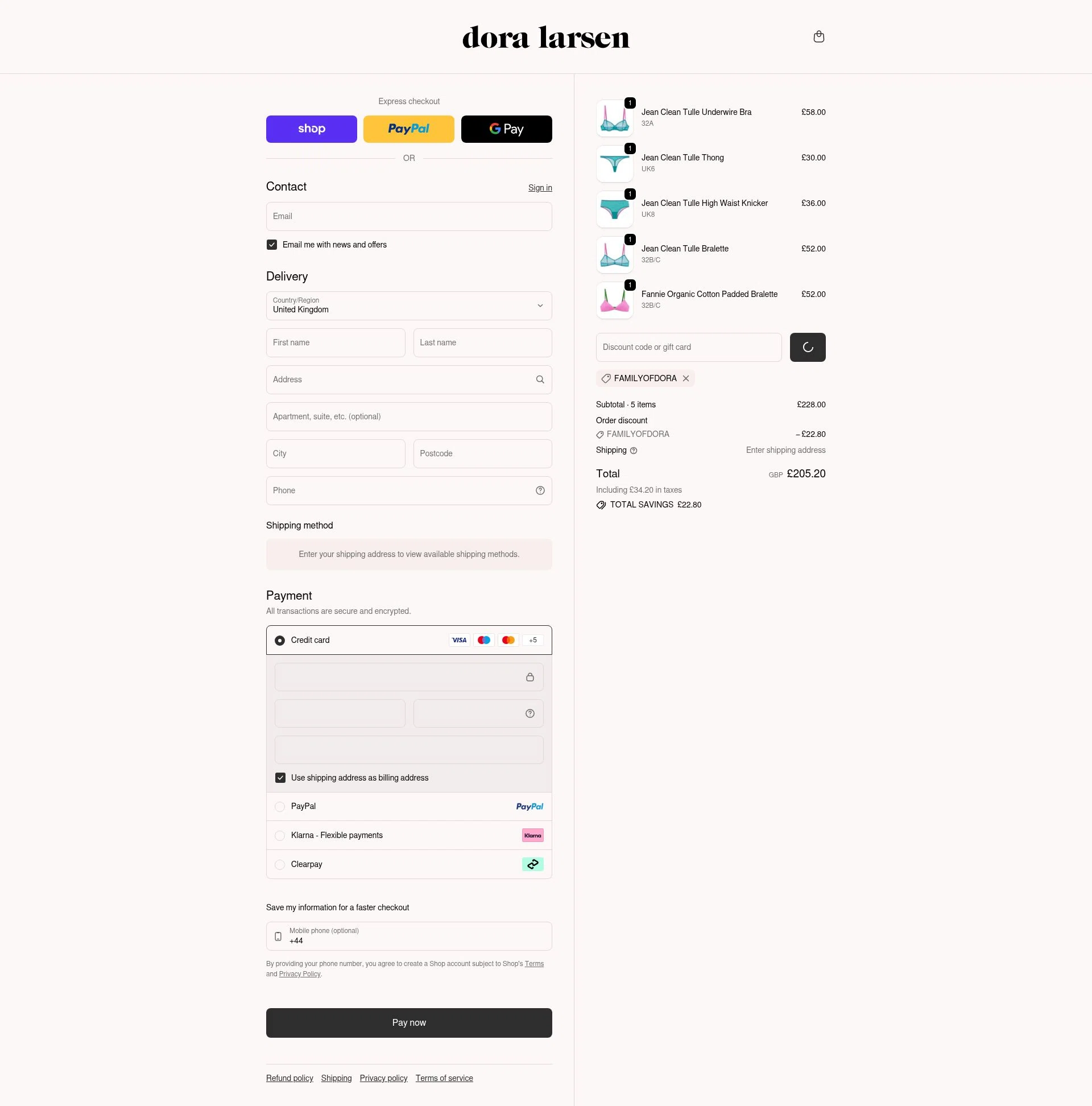 Dora Larsen checkout page showing Dora Larsen discount code box | Screenshot taken by SimplyCodes community member on Feb 5, 2026