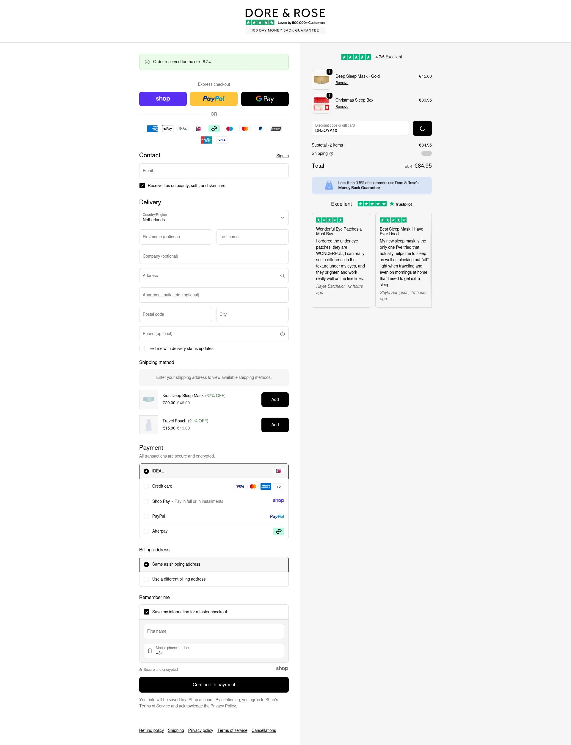 Dore & Rose checkout page showing Dore & Rose discount code box | Screenshot taken by SimplyCodes community member on Jan 9, 2026
