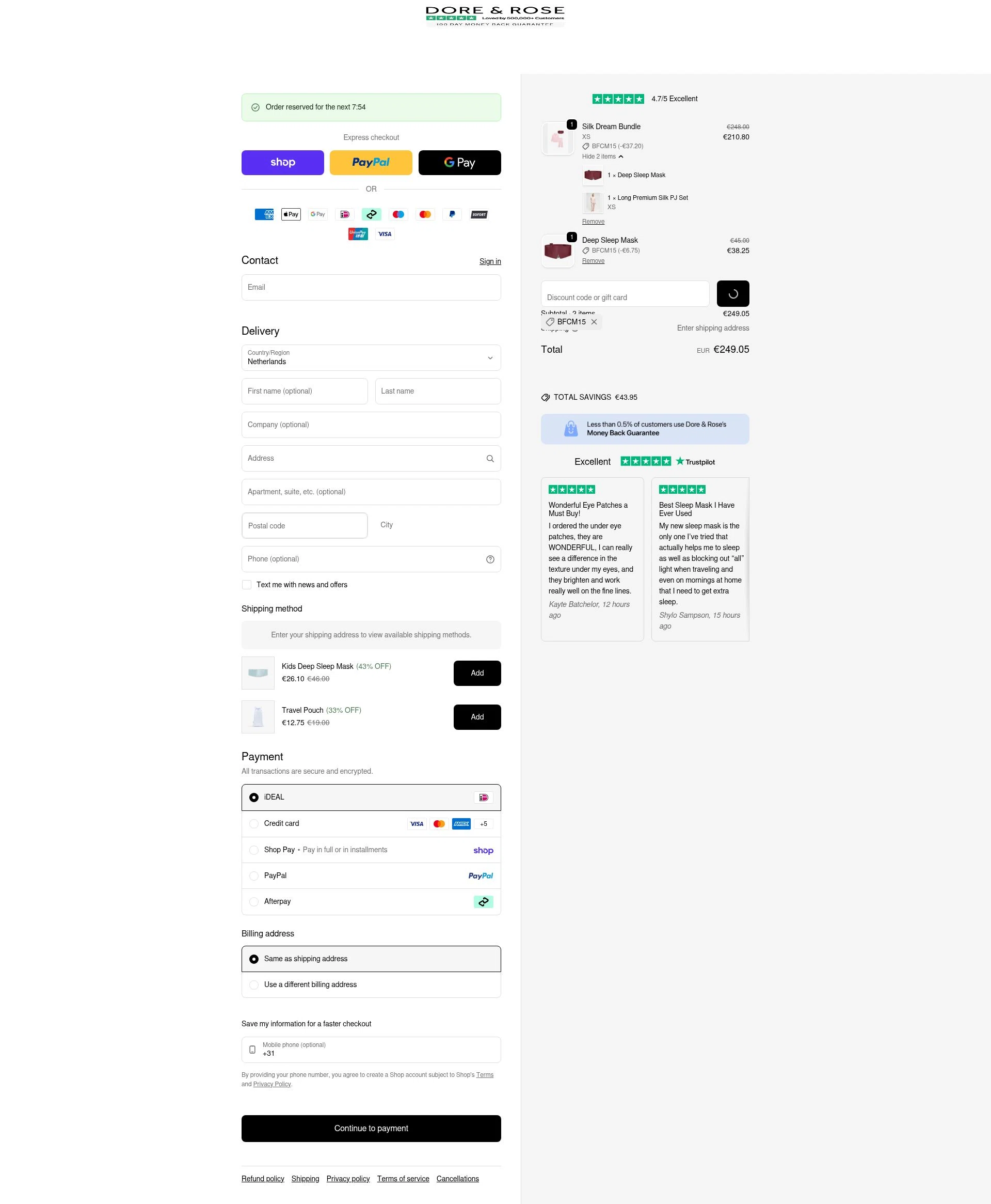 Dore & Rose checkout page showing Dore & Rose discount code box | Screenshot taken by SimplyCodes community member on Feb 19, 2026