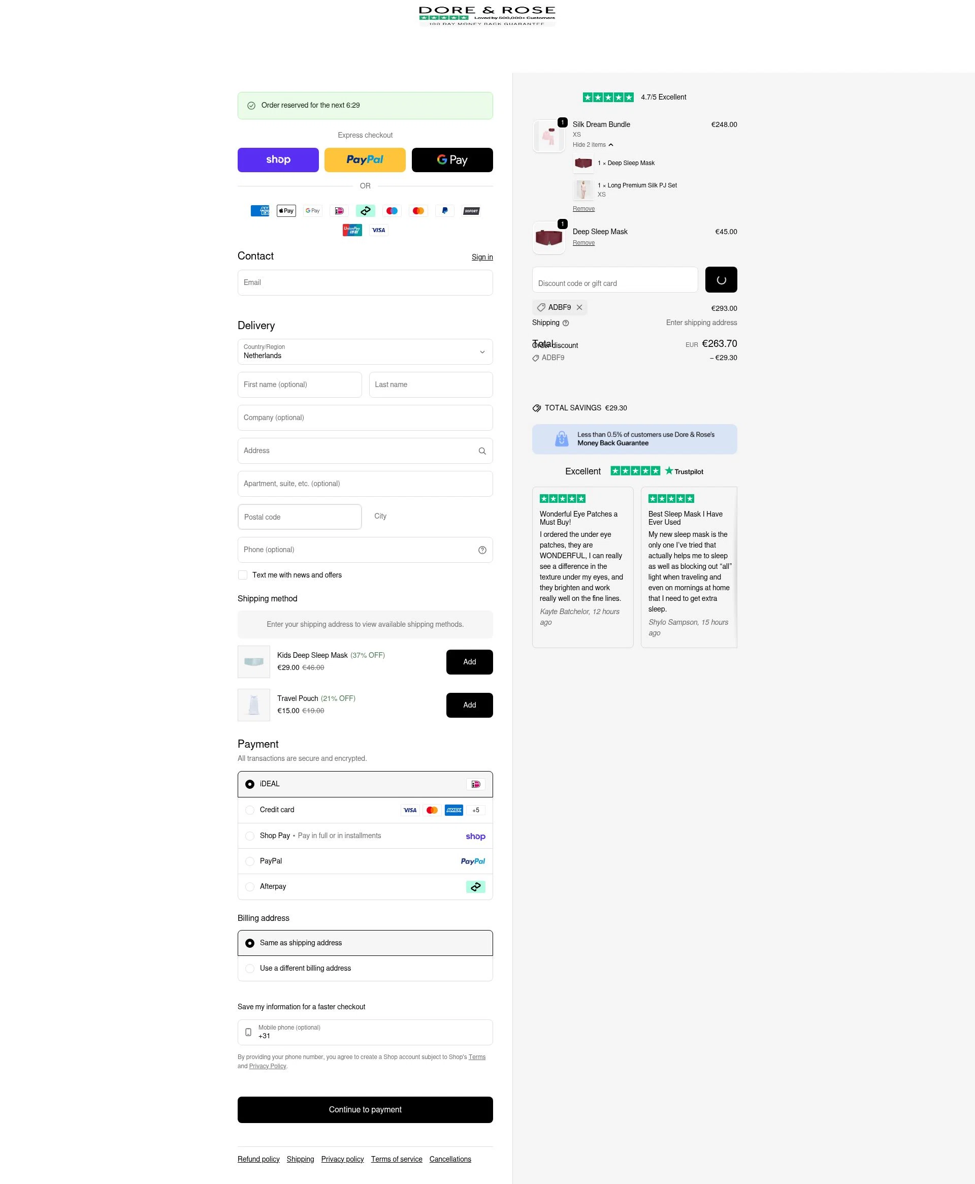 Dore & Rose checkout page showing Dore & Rose discount code box | Screenshot taken by SimplyCodes community member on Feb 19, 2026