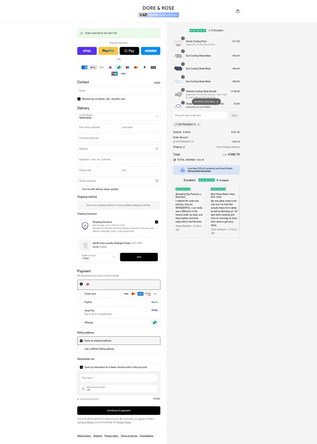 Dore & Rose checkout page showing Dore & Rose discount code box | Screenshot taken by SimplyCodes community member on Sep 1, 2025