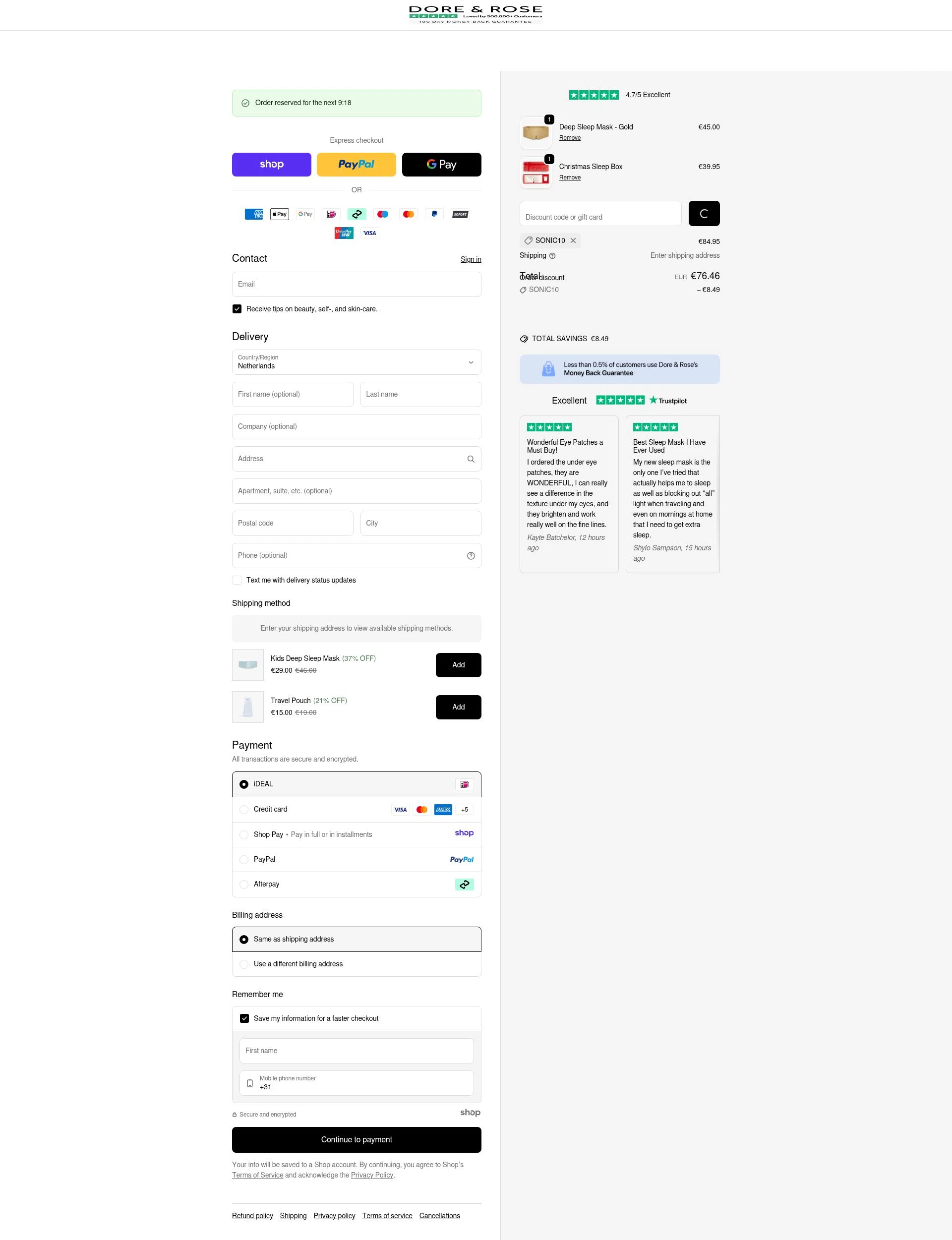 Dore & Rose checkout page showing Dore & Rose discount code box | Screenshot taken by SimplyCodes community member on Jan 9, 2026