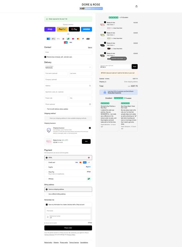 Dore & Rose checkout page showing Dore & Rose discount code box | Screenshot taken by SimplyCodes community member on Sep 22, 2025