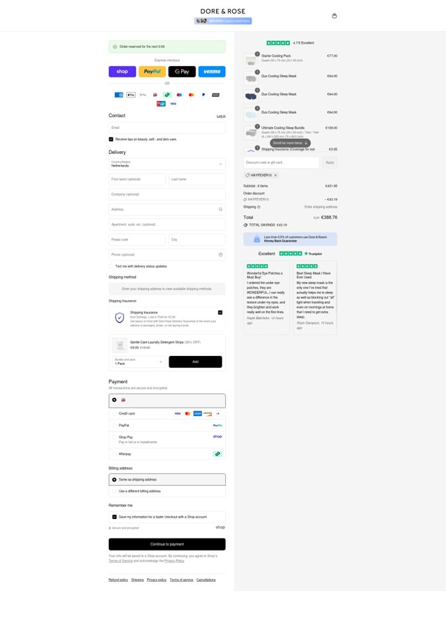 Dore & Rose checkout page showing Dore & Rose discount code box | Screenshot taken by SimplyCodes community member on Sep 1, 2025