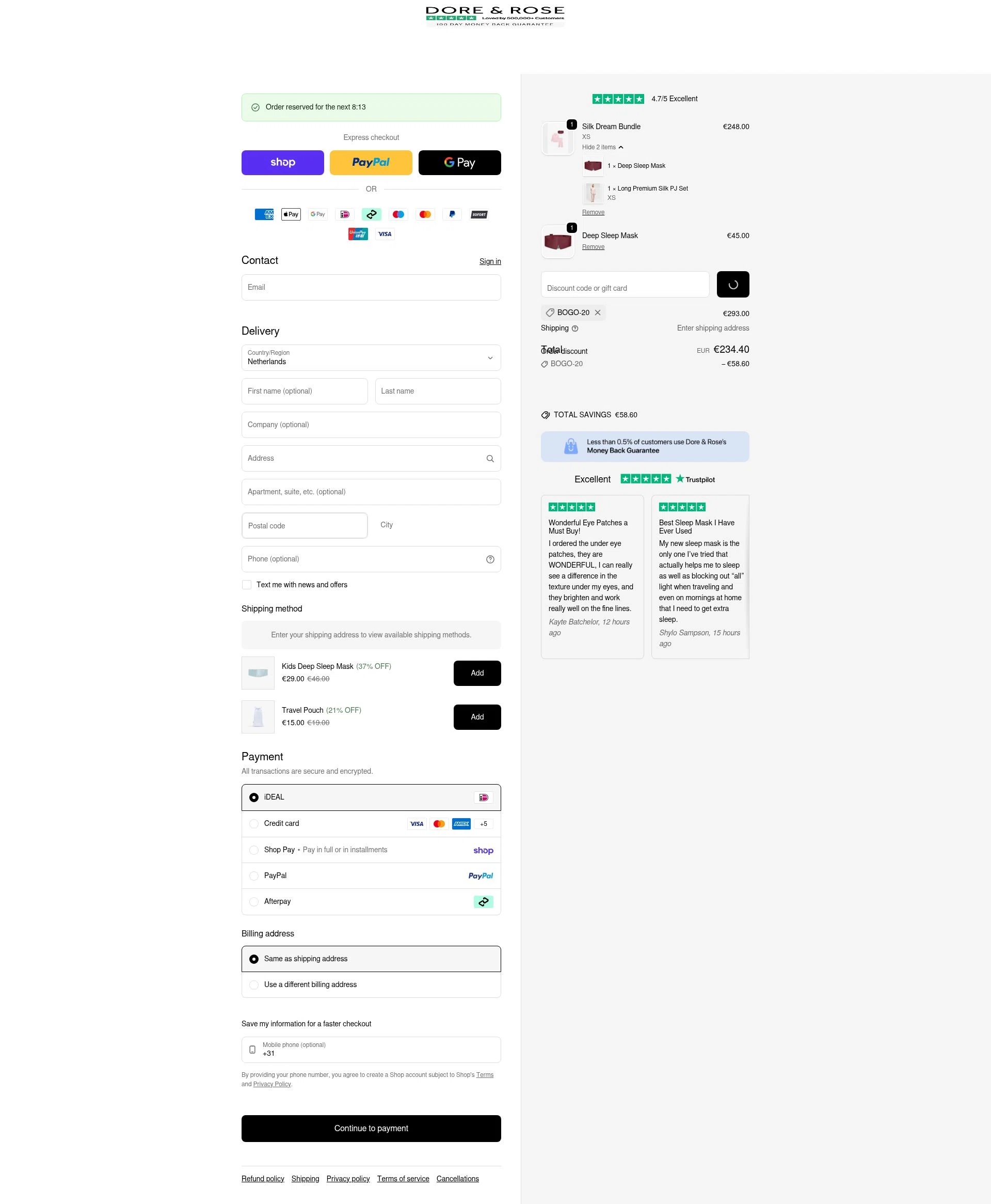 Dore & Rose checkout page showing Dore & Rose discount code box | Screenshot taken by SimplyCodes community member on Feb 19, 2026