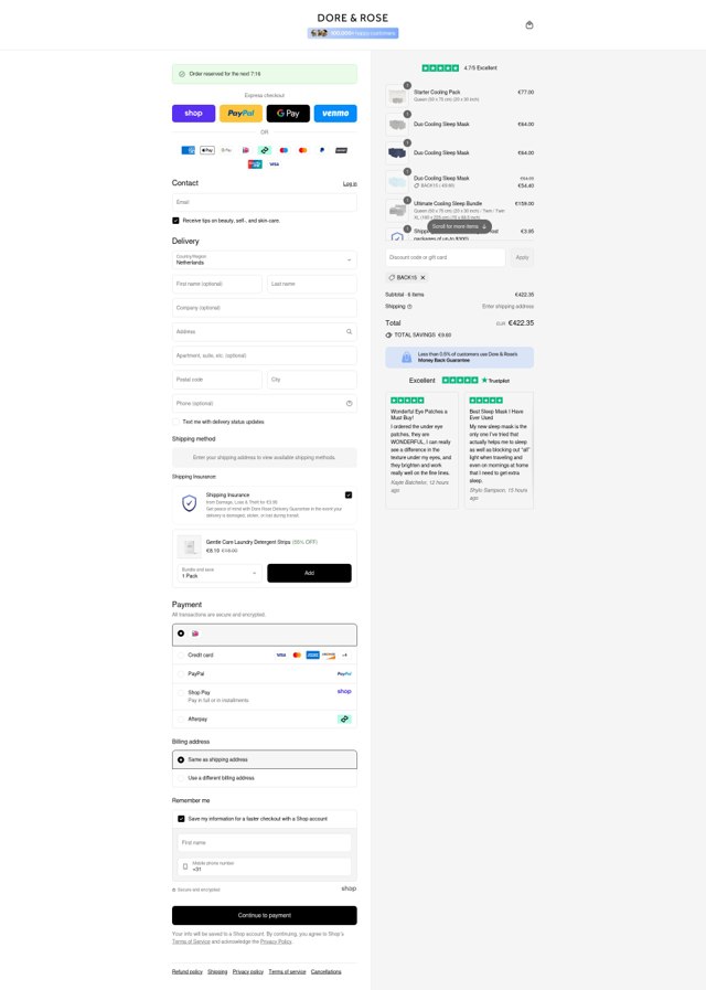 Dore & Rose checkout page showing Dore & Rose discount code box | Screenshot taken by SimplyCodes community member on Sep 1, 2025