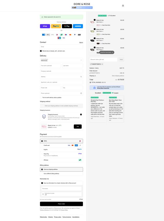 Dore & Rose checkout page showing Dore & Rose discount code box | Screenshot taken by SimplyCodes community member on Sep 22, 2025
