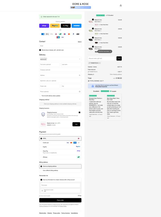 Dore & Rose checkout page showing Dore & Rose discount code box | Screenshot taken by SimplyCodes community member on Sep 22, 2025