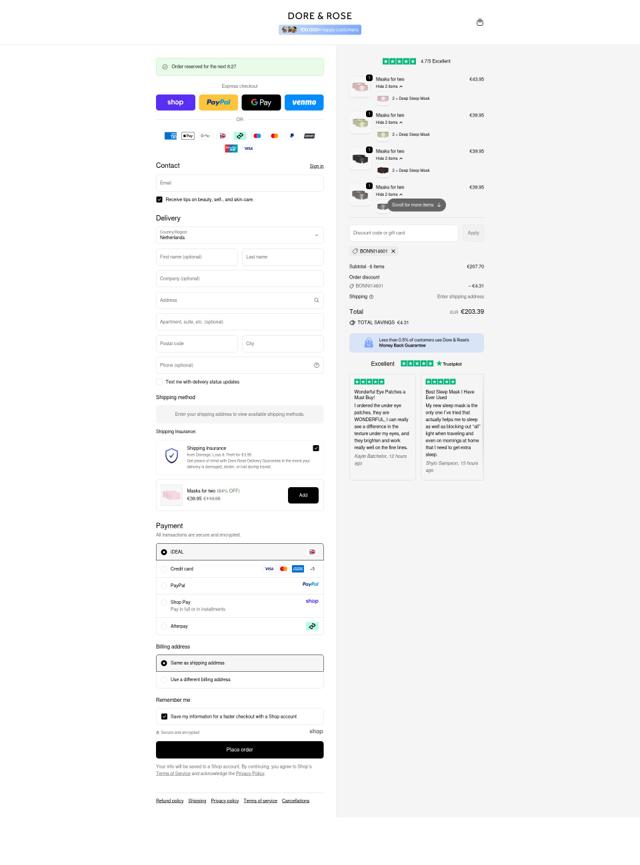 Dore & Rose checkout page showing Dore & Rose discount code box | Screenshot taken by SimplyCodes community member on Sep 22, 2025