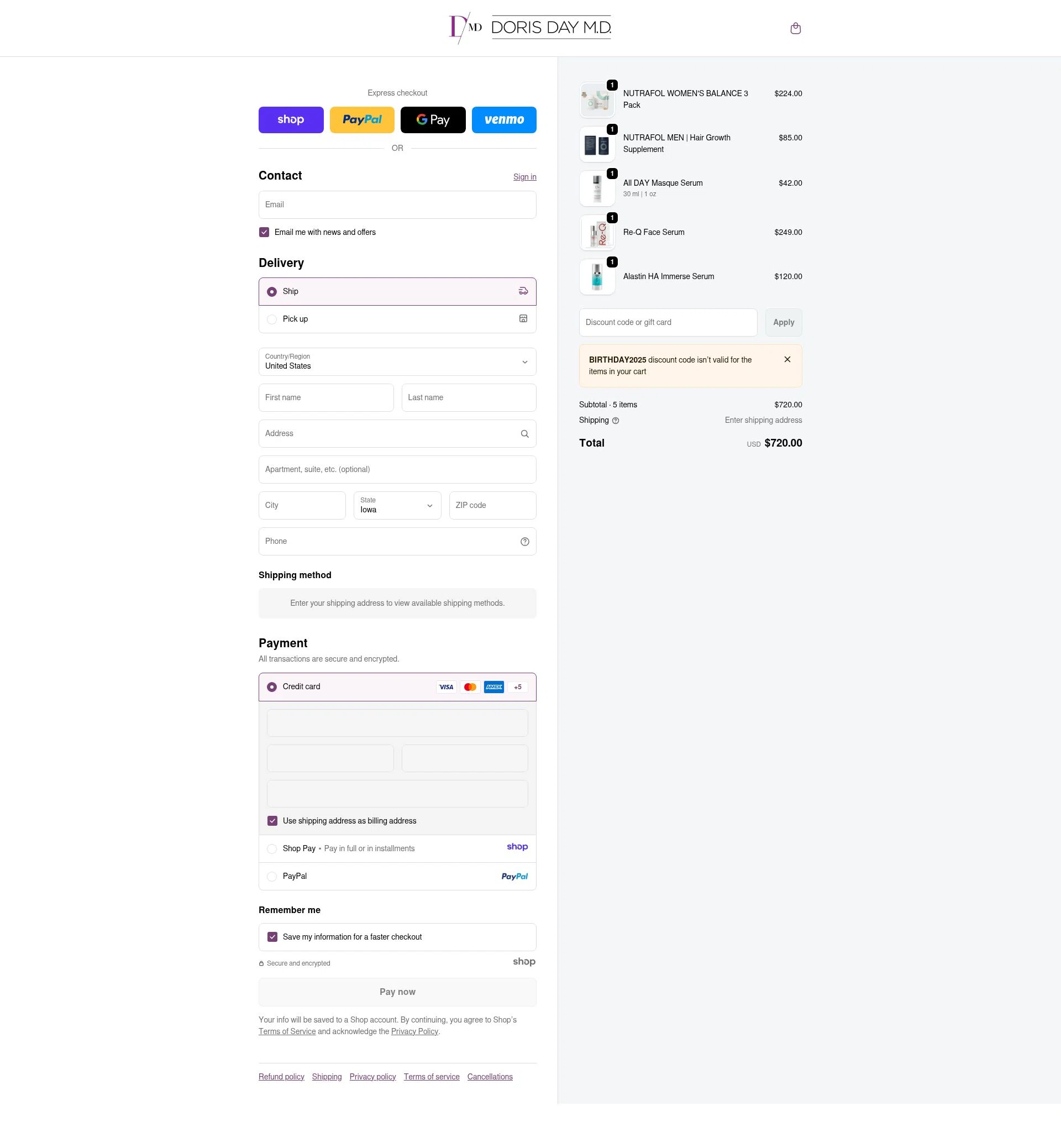 Doris Day MD checkout page showing Doris Day MD promo code box | Screenshot taken by SimplyCodes community member on Dec 26, 2025