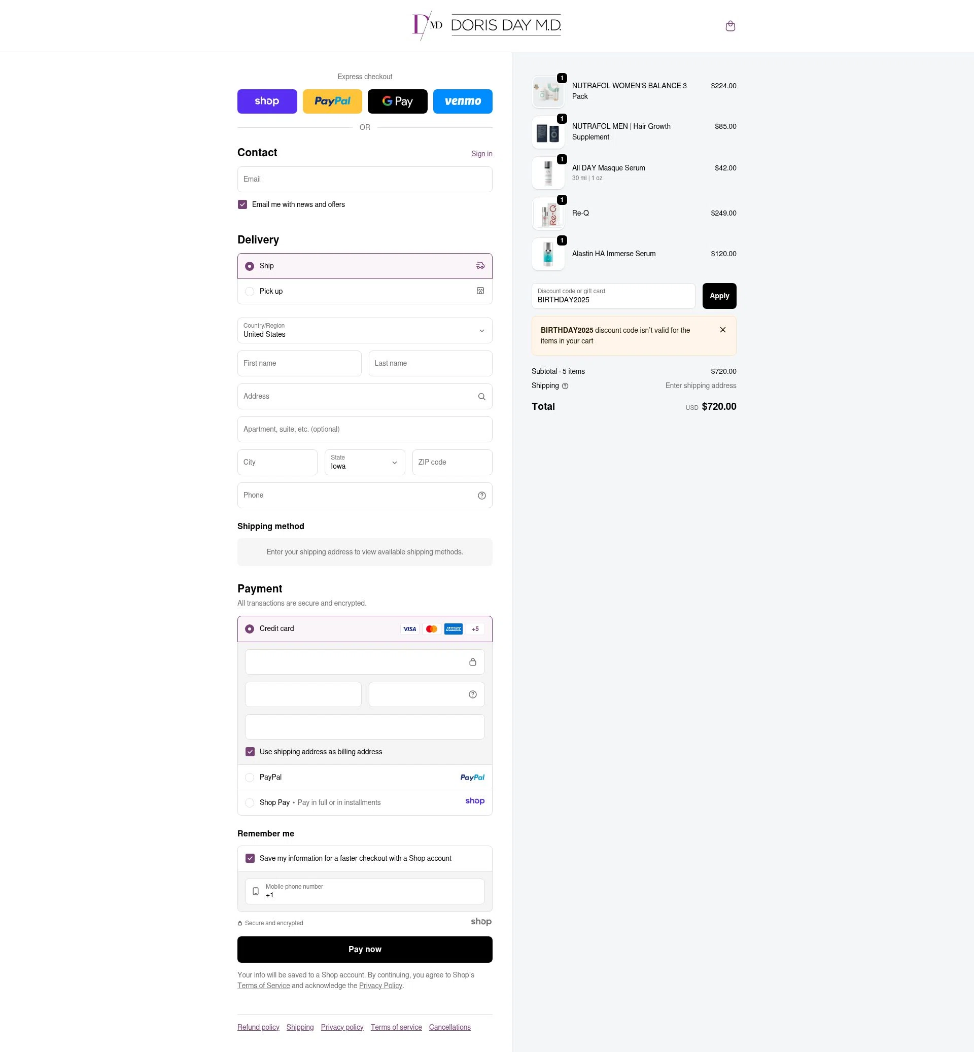 Doris Day MD checkout page showing Doris Day MD promo code box | Screenshot taken by SimplyCodes community member on Dec 8, 2025